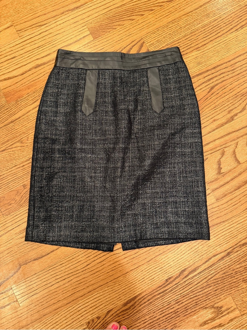 Milly metallic tweed pencil skirt with lambskin leather trim
